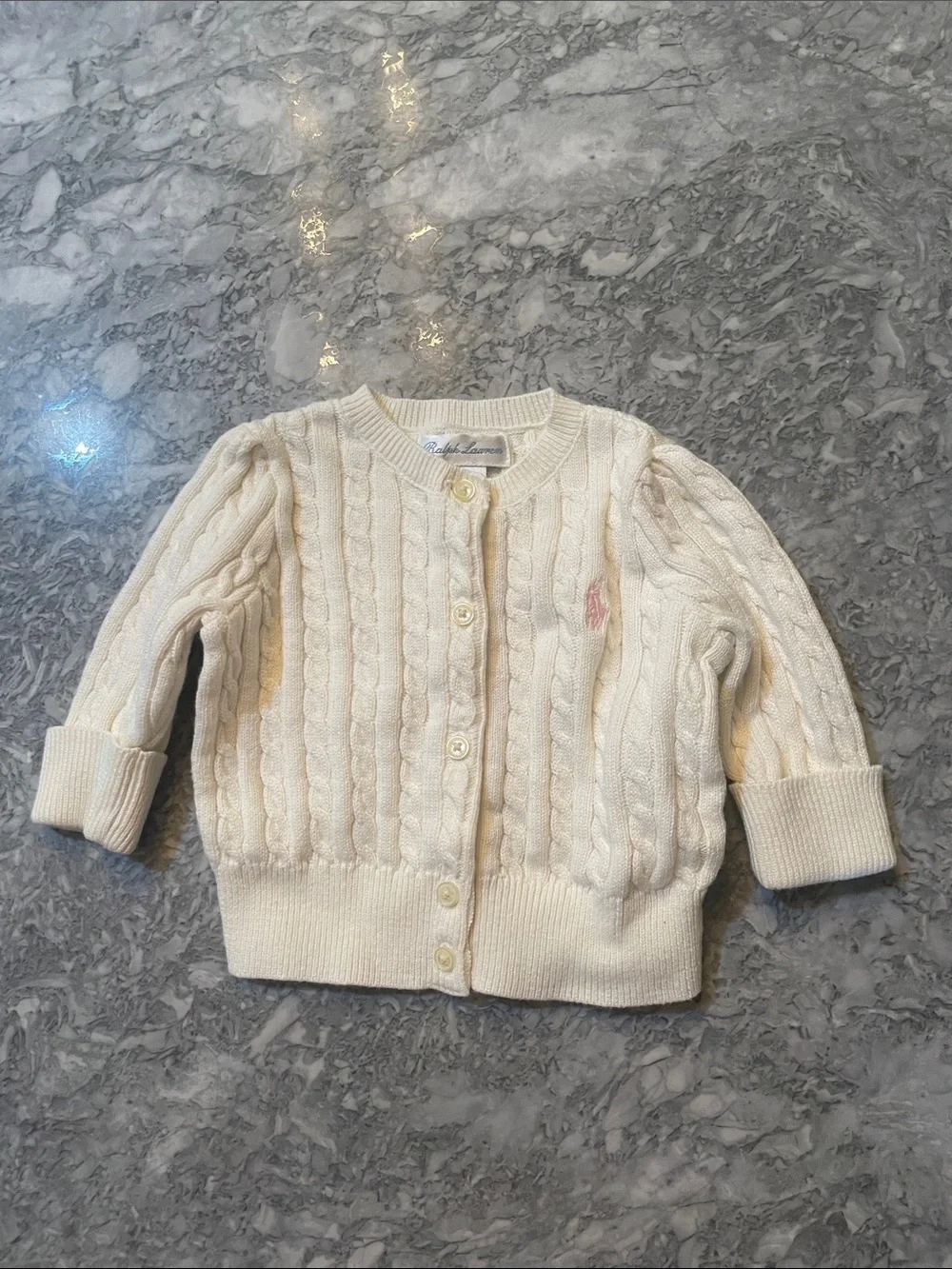 Ralph Lauren Baby Cream Cable-Knit Cardigan with Pink Pony